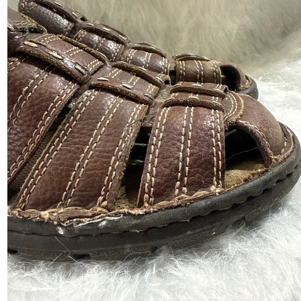 Vintage Y2K Mens Brown Leather Fisherman Sandals Closed Toe Contrast Stitch 9.5